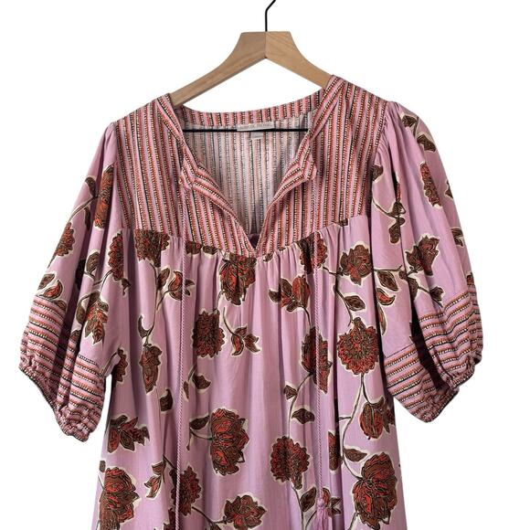 Knox Rose Dress Womens XXL Pink Floral Short Sleeve V Neck Puff Tasseled Boho - Picture 3 of 12